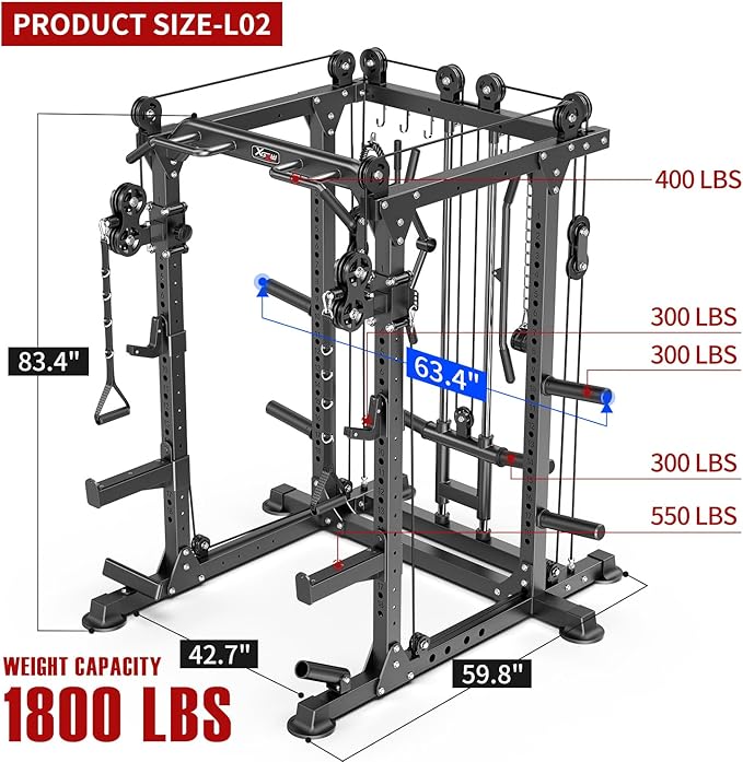 Power Cage,1600lbs Multi-Function Power Rack with Adjustable Cable Crossover System and More Training Attachment, Weight Cage for Home Gym