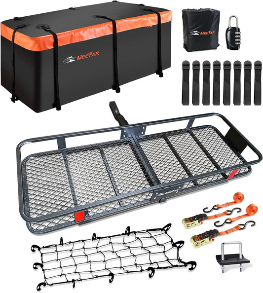 MeeFar Folding Hitch Mount Cargo Carrier Basket 60" X 20" X 6"+Waterproof Cargo Bag 16 Cubic Feet(58" 19" 24"),Hauling Weight Capacity of 500 Lbs and A Folding Arm.with Hitch Stabilizer,Net and Straps