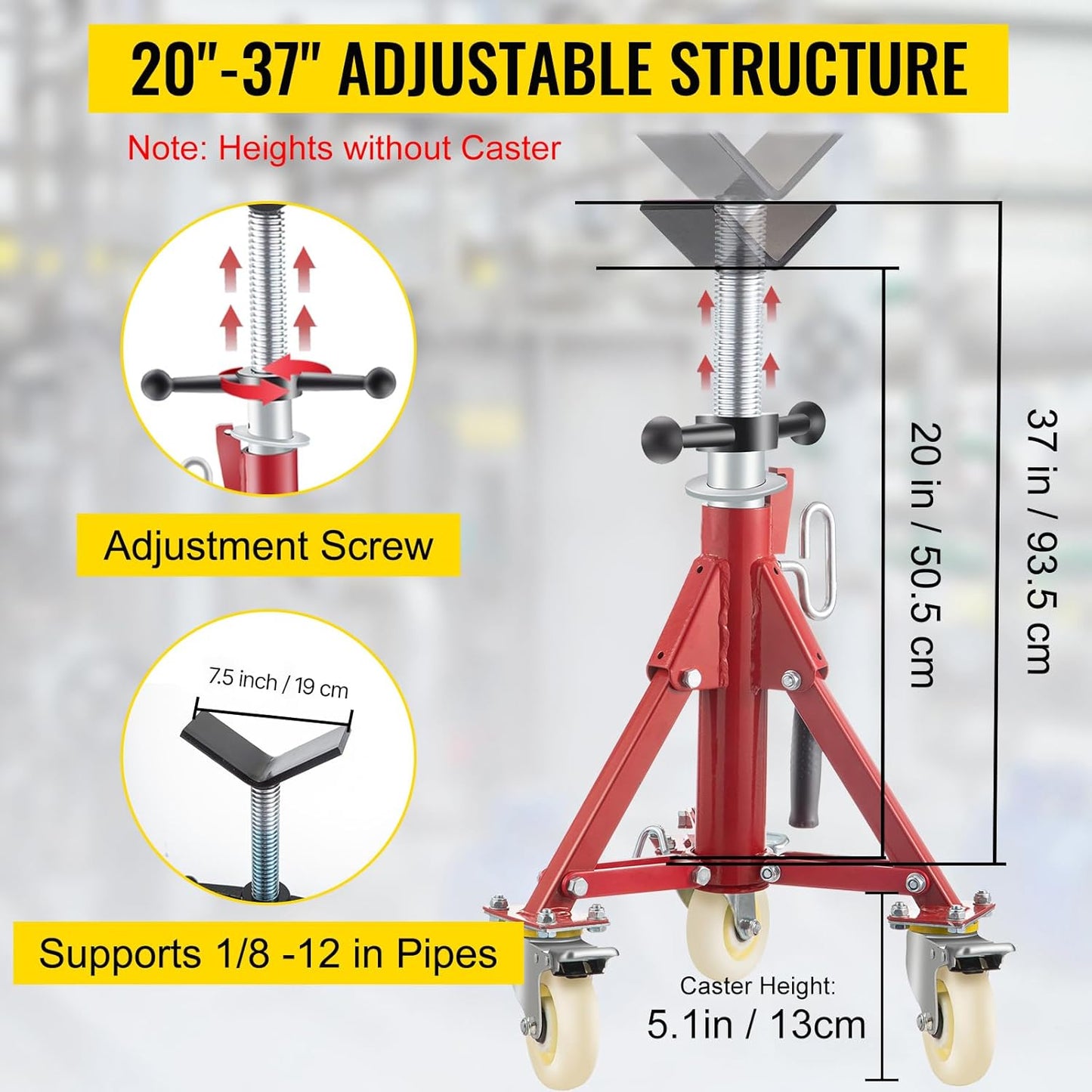 VEVOR Pipe Stand, Pipe Jack Stand, V Head Pipe Stand Adjustable Height 20-37 Inch, Pipe Jack Stands with Casters 882 LB, Folding Portable Pipe Stands 1/8 to 12 Inch Pipe Supporting, Steel Jack Stand