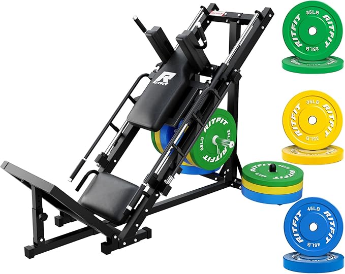 RitFit Adjustable Leg Press and Hack Squat Machine with Weight Plate Set, Professional Home Gym Equipment with Linear Bearings, Specialized for Complete Lower Body Workouts and Weight Storage Posts
