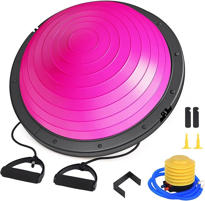 Half Balance Ball Trainer with Resistance Bands, Pink, Exercise Ball for Yoga and Stability Training