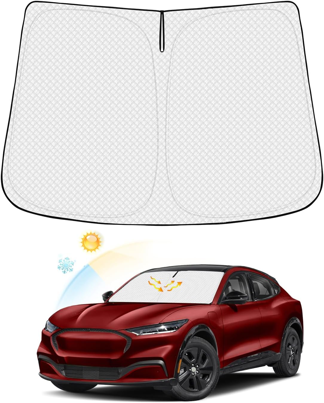Windshield Sun Shade for 2021-2025 2026 Ford Mustang Mach-E Accessories Thicken 6-Layer Front Window Sunshade Cover Sun Visor Protector Foldable Block UV Rays Keep Vehicle Cool
