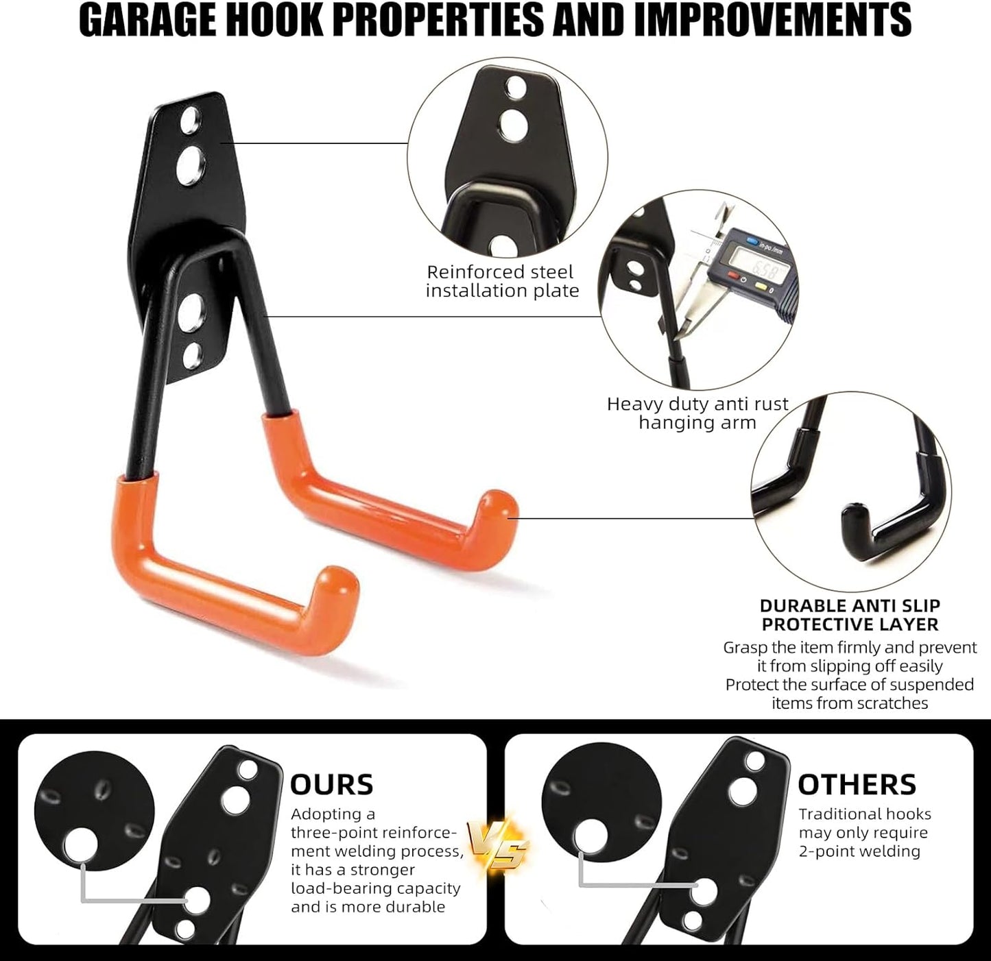 Garage Hooks, 12 Pack Wall Hooks for Hanging Heavy Duty Ladders, Bikes, Tools Ideal for Garage, Garden, Basement Utility Room Storage (Orange)