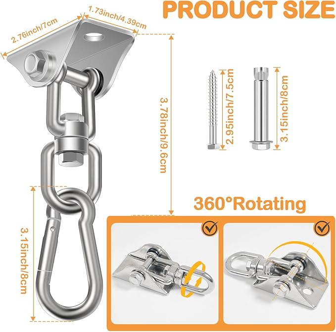 Hammock Hanging Kit 2 Pack, Porch Swing Hanging Kit 1200 Lb Capacity, Hammock Ceiling Hooks Heavy Duty 360° Stainless Steel Rotating Hanging Swing Chair for Hammock Chair Stand, Porch, Yoga, Gym