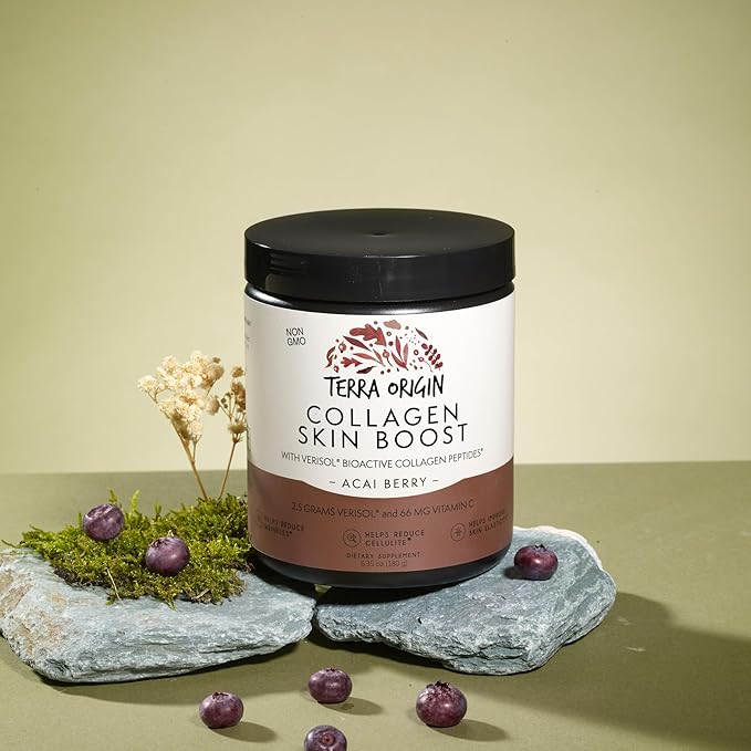 TERRA ORIGIN Collagen Hydrolyzed Peptide Powder | Supports Healthy Skin, Hair, and Nails | with Verisol and Vitamin C for Women and Men | Acai Berry