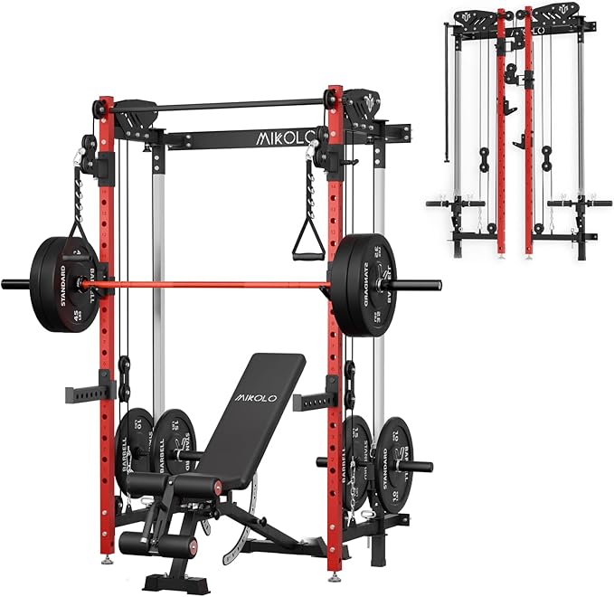 Mikolo Folding Squat Rack, Wall Mounted Power Rack with Cable Crossover Machine & LAT Pull Down, Functional Trainer with 5 Adjustable Function Modes, for Home Gym and Space Saving