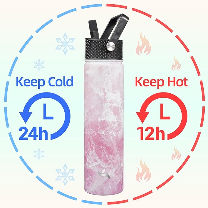 Insulated Water Bottle 24oz Stainless Steel Sport Bottles with 3 Lids,Marble Blossom