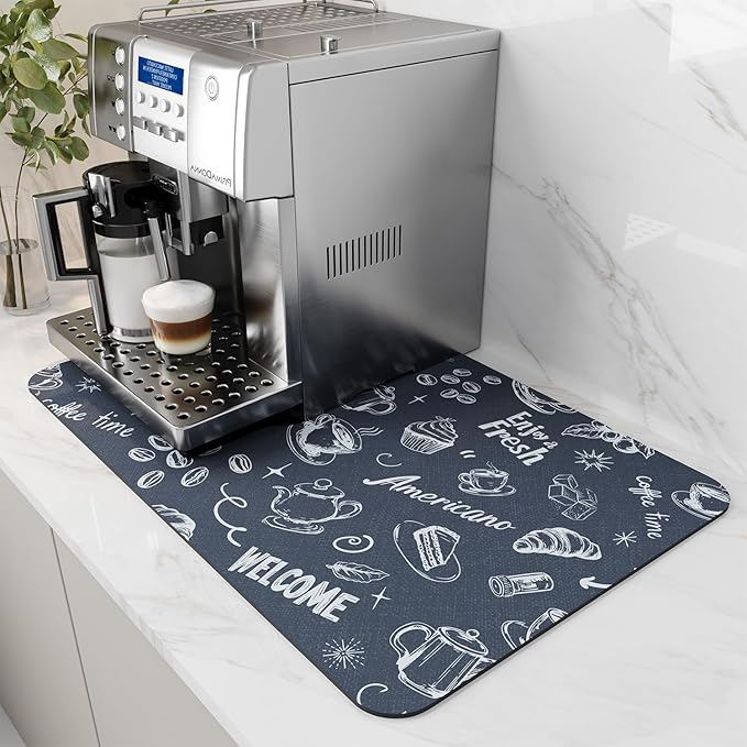 AMOAMI Coffee Mat Hide Stain Rubber Backed Absorbent Dish Drying Mat for Kitchen Counter - Fits Under Coffee Maker & Espresso Machine (12x19,DUST BLUE)