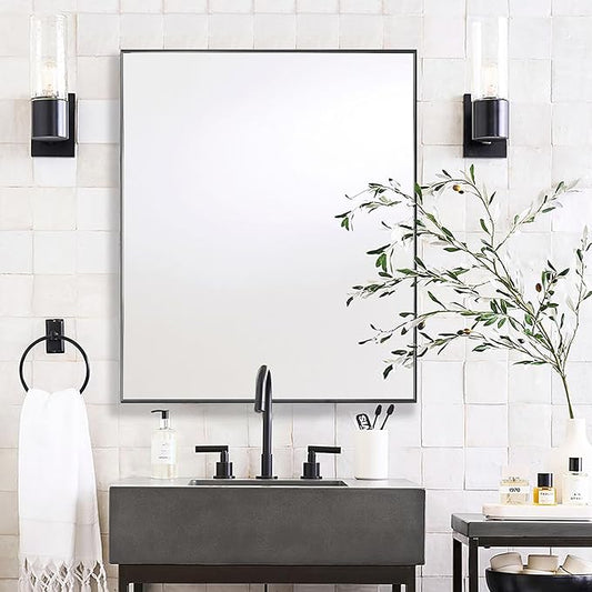 24x32 Inch Black Bathroom Mirror for Wall, Aluminum Frame Rectangle Rectangular Vanity Mirror, Modern Large for Bedroom, Living Room, Horizontal or Vertical