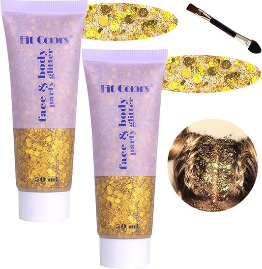 Body Glitter Face Glitter Gel: Singer Concerts Disco Festival Rave Accessories Face Glitter Makeup 150ml Chunky Sequins Mermaid Face Body Hair Glitter Gel (2 Gold)