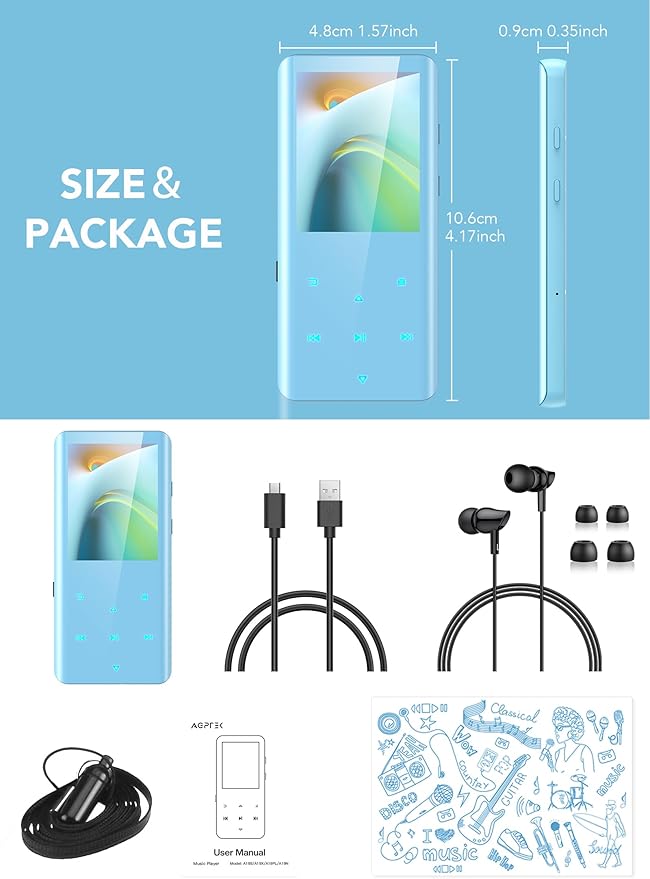 AGPTEK 64GB MP3 Player with Bluetooth 5.3, A19PL 2.4" Curved Screen Portable Music Player with Speaker Lossless Sound with FM Radio, Voice Recorder, Supports up to 128GB, Blue