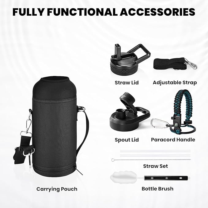 Insulated Water Bottle 32 oz, Triple Wall Vacuum Stainless Steel (Cold for 48 Hrs, Hot for 24Hrs), Leak Proof & Non-BPA, 32oz Hydro Water Flask with Paracord Handle & Straw Spout Lids