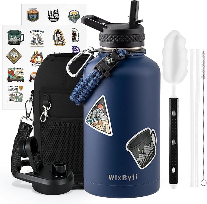 64 oz Insulated Water Bottle with Straw (Cold for 48 Hrs), Half Gallon Stainless Steel Triple Wall Vacuum Sports Water Jug, Leakproof Hydro Cup Flask with Straw Spout Lids & DIY Stickers