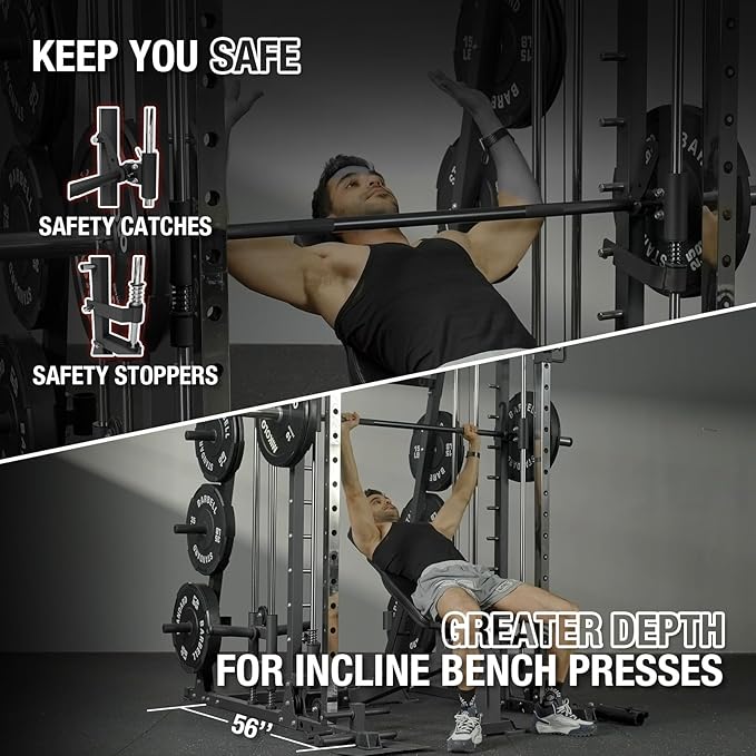 Mikolo Smith Machine, 2200lbs Squat Rack with LAT-Pull Down System & Cable Crossover Machine, Training Equipment with Leg Hold-Down Attachment