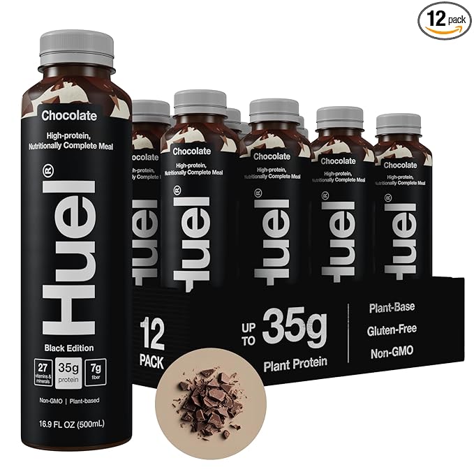 Huel Black Edition Ready-to-Drink, Chocolate Meal Replacement Drink, 35g High Protein, 27 Vitamins and Minerals, Vegan, Gluten Free, Plant Based, High Fiber, Low Sugar, 16.9 Fl Oz (12 Pack)