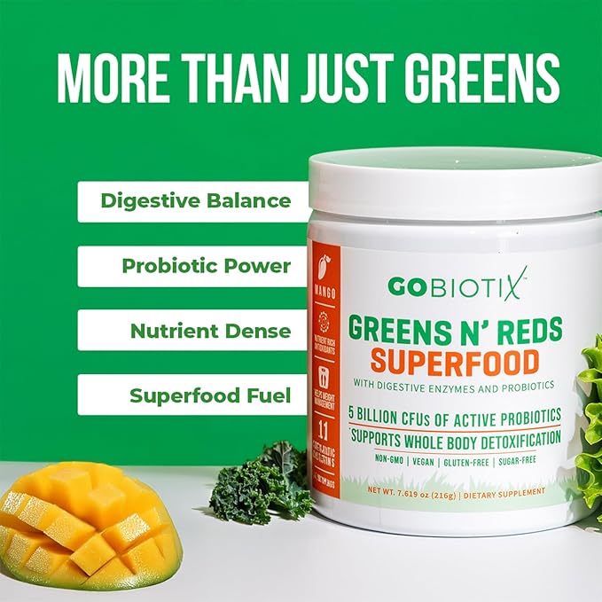 GOBIOTIX Super Greens and Reds Powder - Red and Green Superfood - Probiotic Supplement - Digestive Enzymes and Beet Root Powder - Organic Whole Foods Dietary Supplement (Mango, 1 Pack)