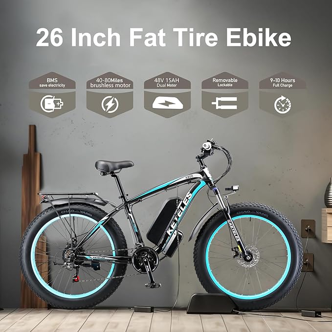 Peak 2000W Electric Bike for Adults 27 MPH 48V15Ah Removable Battery Max 40-80 Miles E Bike 26" Fat Tire Ebike Shamano 21-Speed All Terrain for Mountains Snow Sand Road