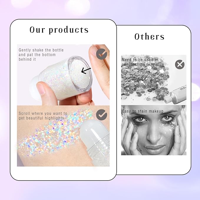 Roll-on Holographic Body Glitter Gel for Face Hair, Chameleon Color Changing Glitter Gel Under Light, Chunky Mermaid Sequins Festival Party Rave Accessories Shimmer Makeup (13# Dazzle)