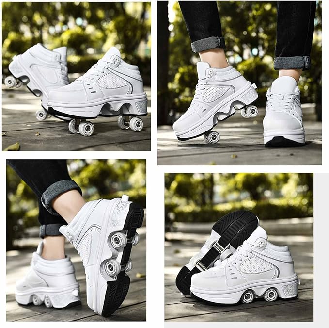 Roller Skate Shoes for Women Four Rounds Children's Roller Skates Shoes That Turn into Rollerskates Sneakers Outdoor Light Shoes with Wheels for Girls/Boys