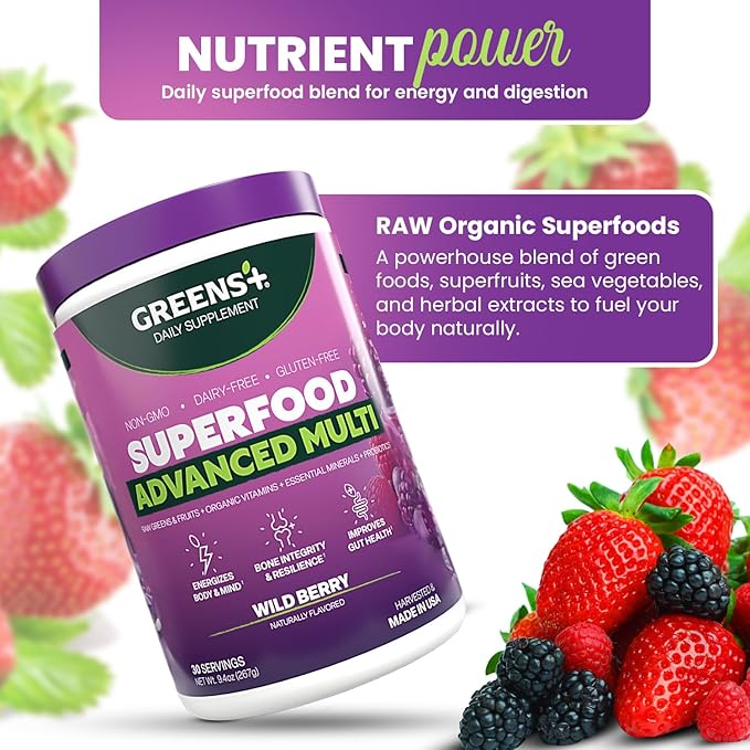 Greens+ Advanced Multi Wild Berry Superfood Powder, Organic Blend, Vegan, Non-GMO, Soy-Free, Dairy-Free, Gluten-Free, Dietary Supplement with Vitamins & Minerals, 9.4 oz
