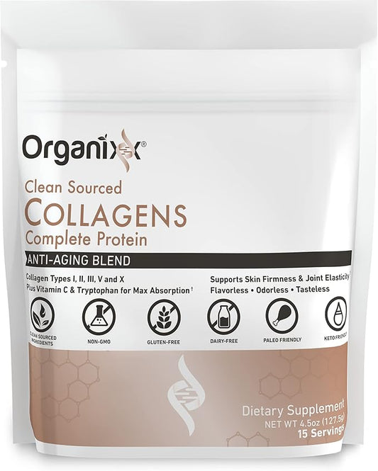 Organixx Collagen Peptides Powder with Vitamin C, Types I, II, III, V, X Hydrolyzed Collagen, Hair, Nail, Skin, Bone & Joint Health, Aging Support, Clean Sourced, Gluten Free, Unflavored, 15 Servings