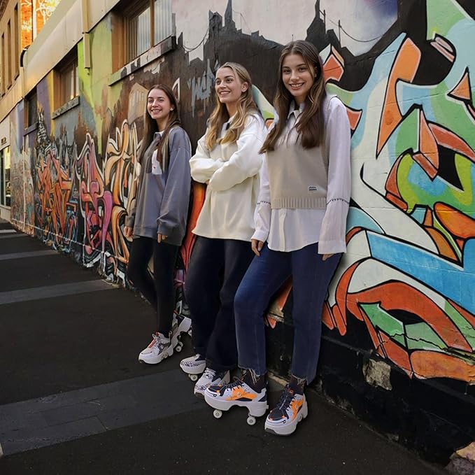 Roller Skate Shoes for Women Four Rounds Children's Roller Skates Shoes That Turn into Rollerskates Sneakers Outdoor Light Shoes with Wheels for Girls/Boys