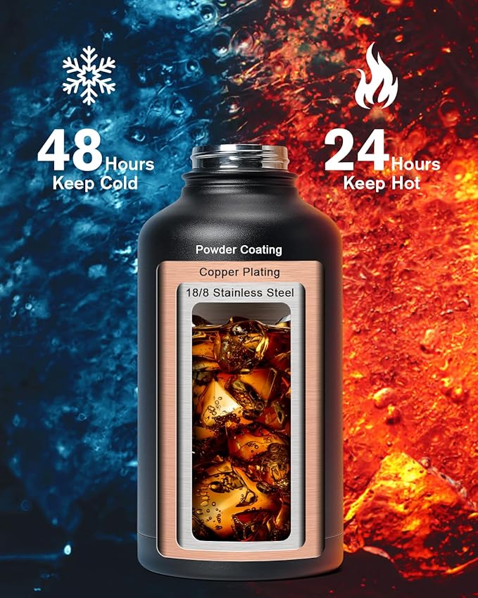 64oz Insulated Water Bottle,Half Gallon Water Flask Stainless Steel Vacuum, Cold for 48 Hrs,BPA-Free & Leakproof -with Paracord Handle,Strap,Straw Spout Lids,Large Jug for Gym Sports,Black