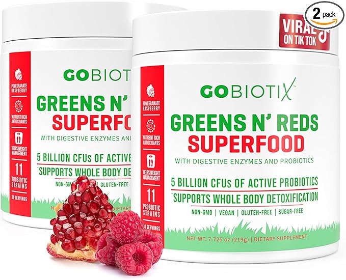 GOBIOTIX Super Greens and Reds Powder - Red and Green Superfood - Probiotic Supplement - Digestive Enzymes and Beet Root Powder - Organic Whole Foods Dietary Supplement (Pom Raspberry, 2 Pack)