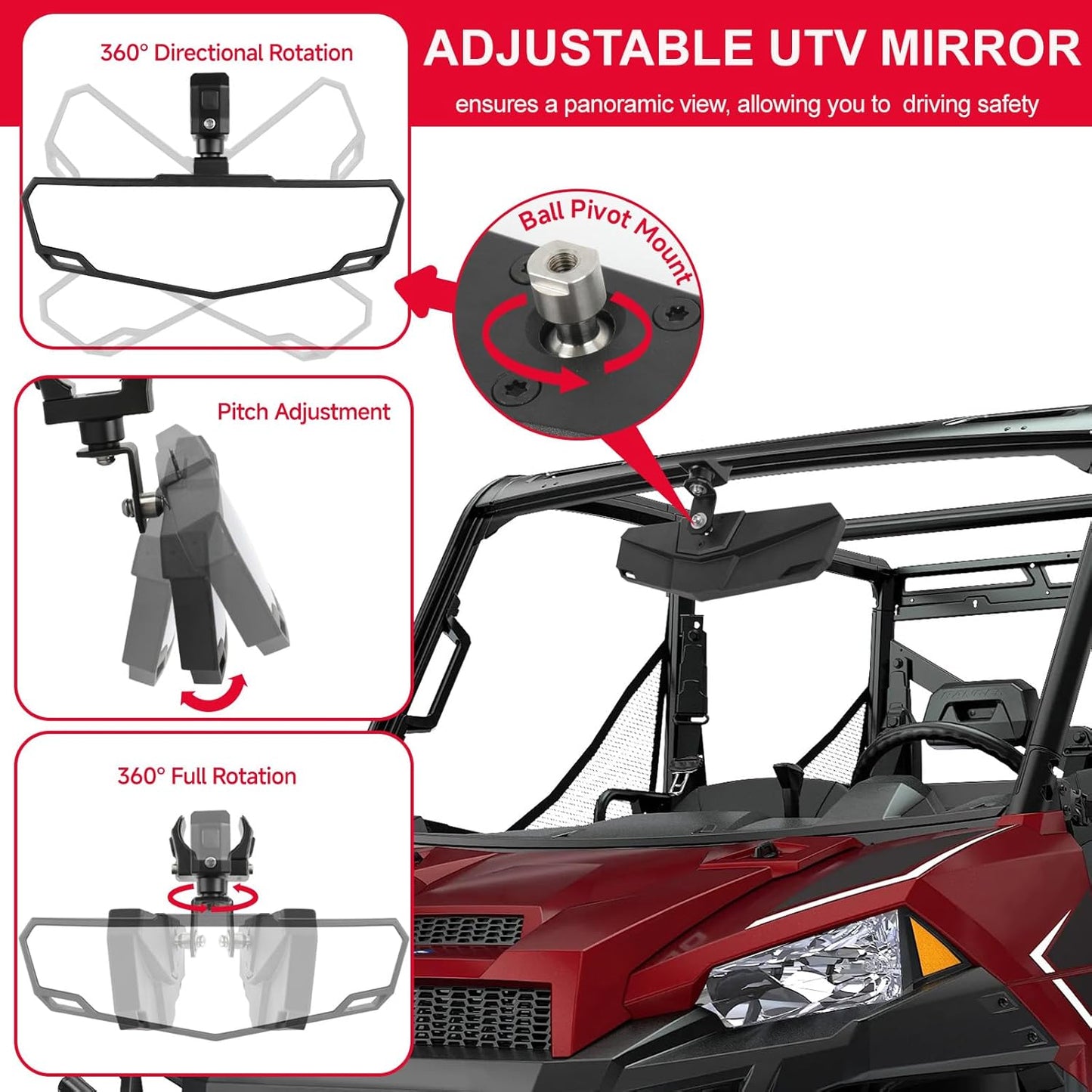 DREAMIZER UTV Rear View Mirror, 360°Adjustable Angle for 1.5" to 2.0 inch Round Roll Cage,Aluminum Clamp Convex Center Mirror Compatible with Polaris RZR General KRX Mule Can Am