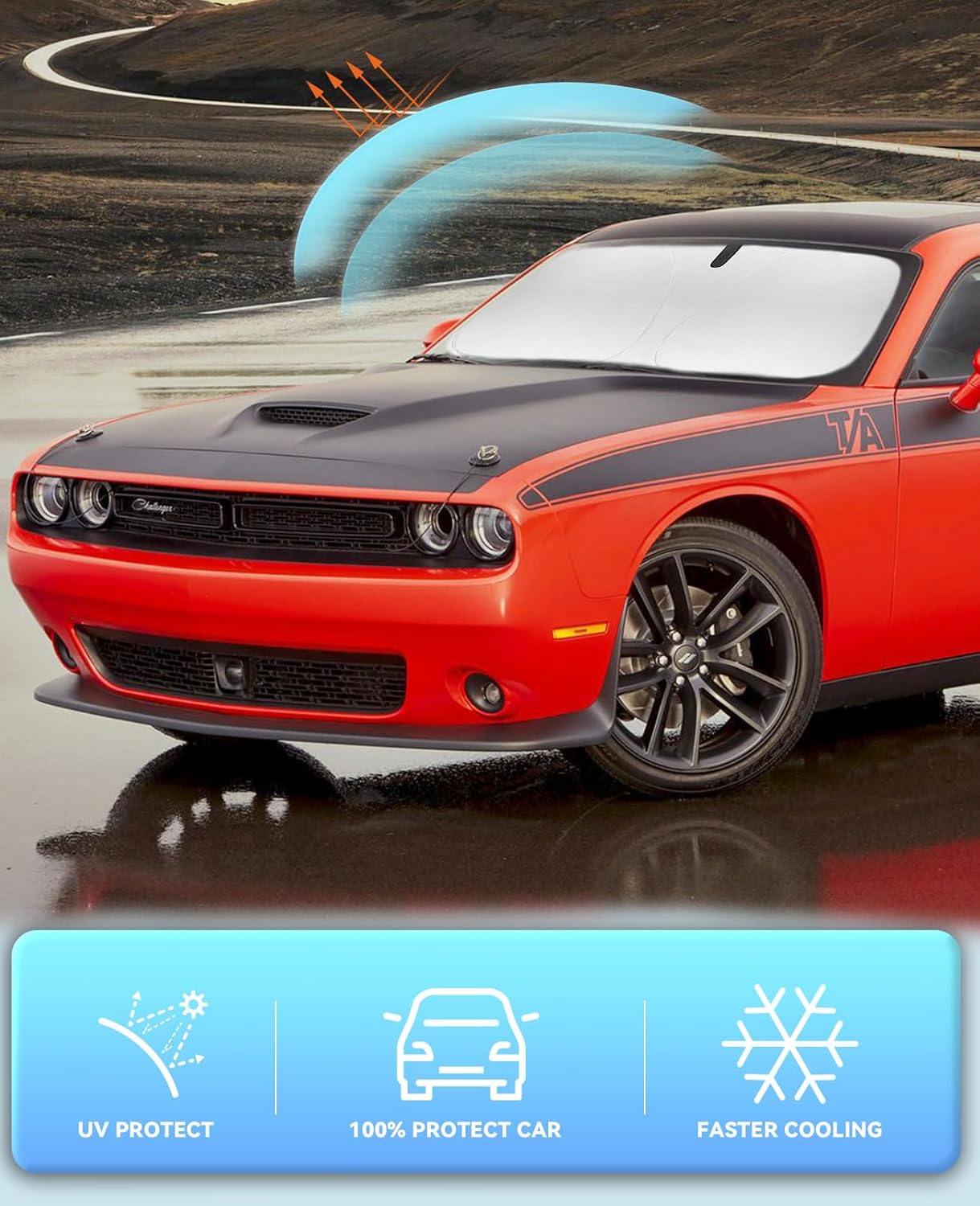 Sunshade for Challenger Windshield Sun Shade for 2015-2023 2024 2025 Dodge Challenger Coupe,RT SRT Hellcat SXT Redeye,GT SE TA Scat Pack 2Door Car Front Window Cover Sun Visor Shield Protector