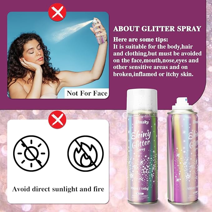 Body Glitter Spray for Hair and Body (2x5.14 Fl Oz), Shiny Glitter Spray for Clothes, Long-Lasting and Quick-Drying Holographic Glitter Hairspray for Kids Women, Stage, Festival Rave and Makeup Prom