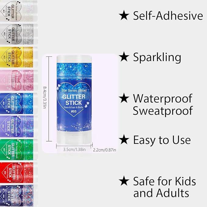 Mysense Blue Body Glitter Stick,Face Hair Glitter Makeup,Sparkling Mermaid Sequins Chunky Glitter Face Paint,Singer Concert Outfit Festival Rave Accessories for Women and Kids