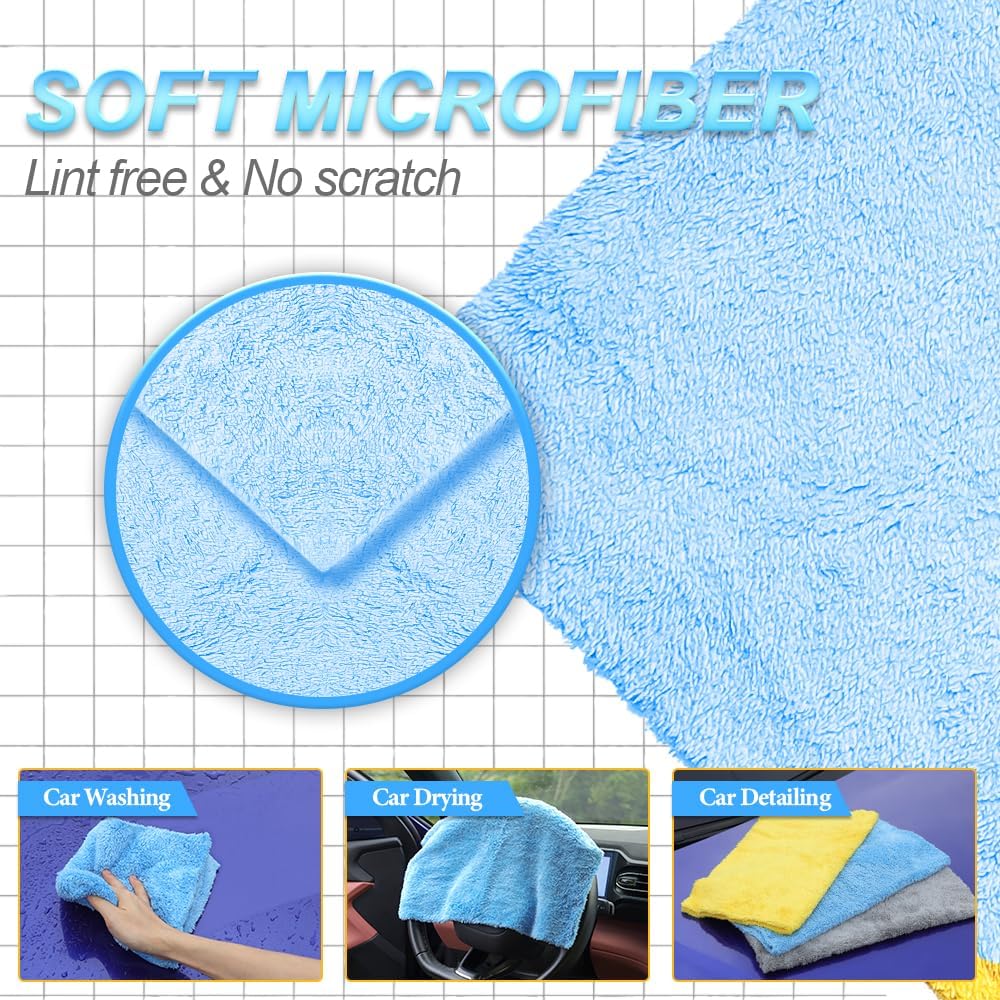 Car Wash Drying Towels,Coral Fleece , For Car,SUV,RV,Motorcycle ,Boat,Home ,Kitchen,Absorbent, Lint-Free, Extra Soft,Reusable and Durable,Interior Microfiber Rags 16in x 16in-12 Packs Blue+Yellow+Grey