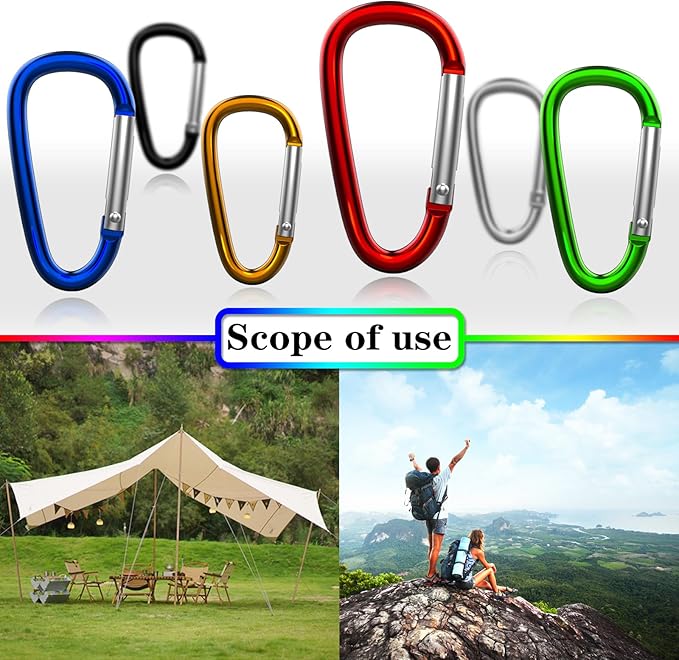 30PCS Aluminum Carabiner Clips, 2" D Shape Spring Snap Hooks Carabiner with 30PCS Keyring Keychain Hook