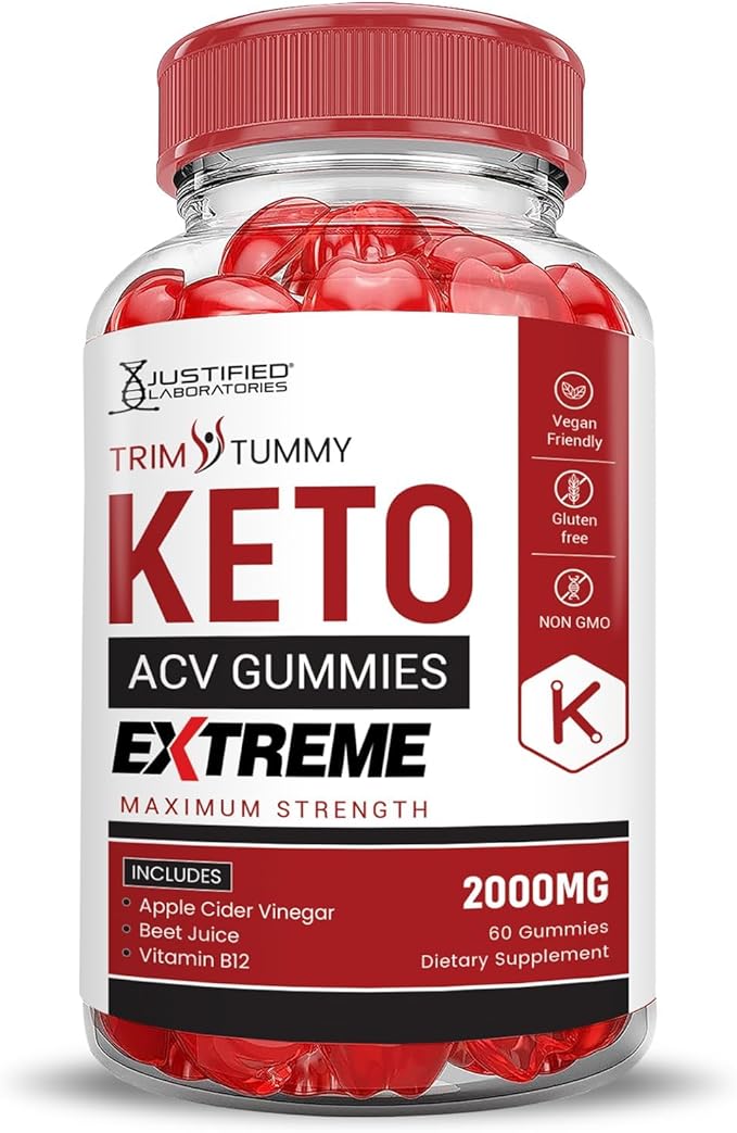 Justified Laboratories Trim Tummy Keto ACV Gummies Extreme 2000MG Trim Tummy Keto Gummies Apple Cider Vinegar Formulated with Pomegranate Beet Juice Powder B12 Vegan Non GMO 60 Gummys