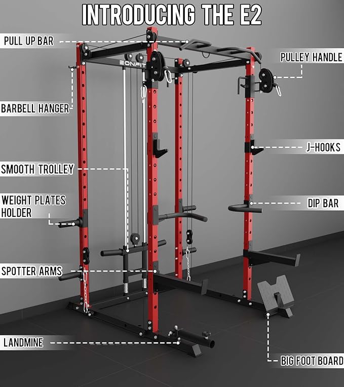 Eonfit E2 Power Cage，1500LB Squat Rack with Cable Crossover System.Multi-Function Power Rack for Home Gum.All-in-One Squat Rack with More Training Attachments