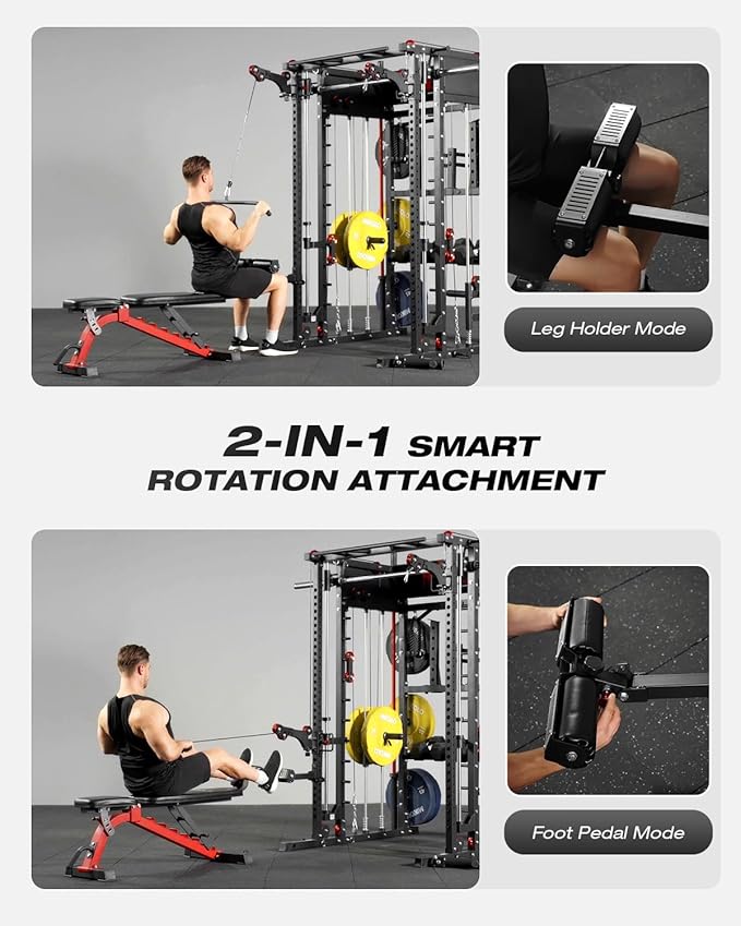 Mikolo Smith Machine, Multi-Function Power Cage with Dual Pulley System, Vertical Leg Press Attachment, Squat Rack Power Rack with More Training Attachment for Home Gym