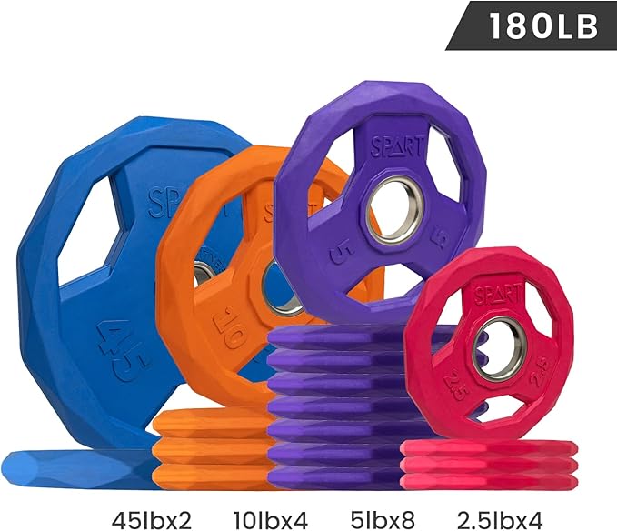 SPART Color Coded Weight Plate 2-Inch Rubber Coated Olympic Grip Plate for Barbell, Solid Cast Iron Weight Plates for Strength Training, Weightlifting, Crossfit, Home Gym, 2.5LB/5LB/10LB/25LB/35LB/45LB, Pair