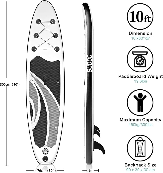 Inflatable Stand Up Paddle Board 10‘x30‘‘- Ultra-Light SUP with Backpack, Pump, Paddle, Coil Leash, 3 Fins, Repair Kit, Stable Design, Non-Slip EVA Deck for Adults & Youth