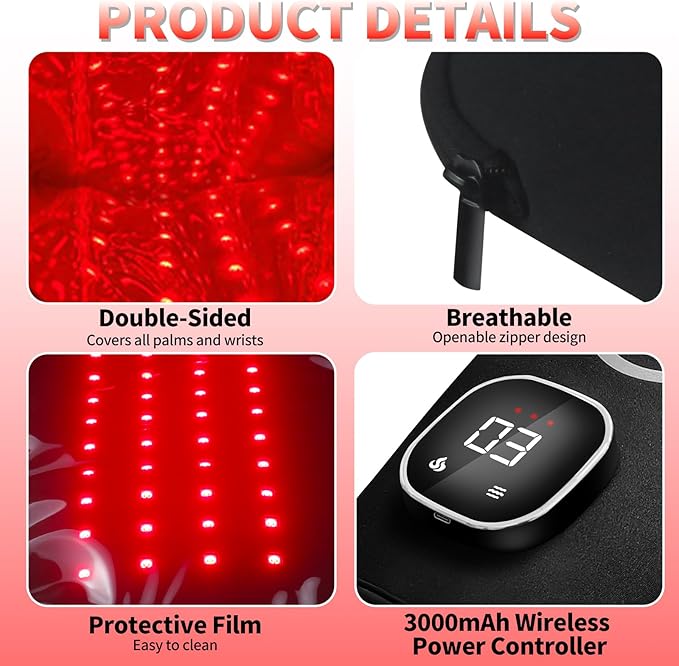 Cordless Red Light Therapy Glove,USB Rechargeable LED Infrared Light Therapy for Pain Relief,Red Light Therapy for Hands Palms Wrists and Elbows,660nm & 850nm,with Zipper Design