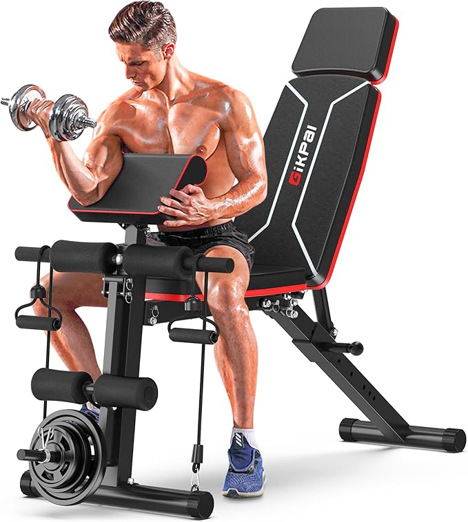 Adjustable Weight Bench, Bench Press for Full Body Workout, Foldable Workout Bench for Home Gym, Strength Training Bench to Incline Decline Flat w/Leg Extension and Headrest