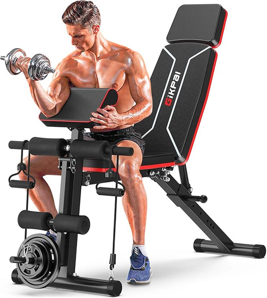 Adjustable Weight Bench, Bench Press for Full Body Workout, Foldable Workout Bench for Home Gym, Strength Training Bench to Incline Decline Flat w/Leg Extension and Headrest