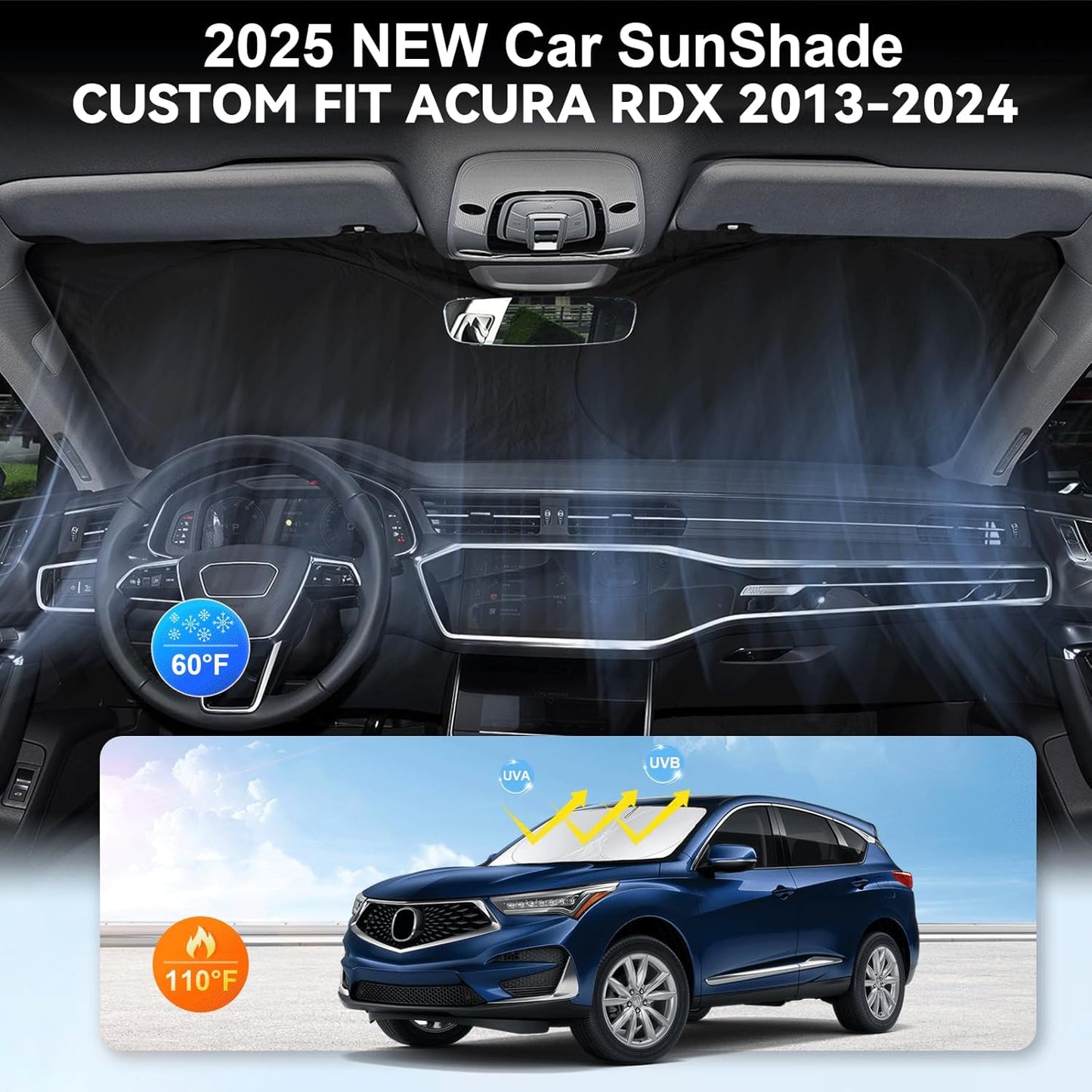 Windshield Sunshade for Acura RDX 2013 2019-2023 2024 2025 2026 210T 2-Layer Front Window Shades Cover for Windshield Sun Visor Screen Protector 210T Reflective Blocks UV Rays Cool Car Accessories