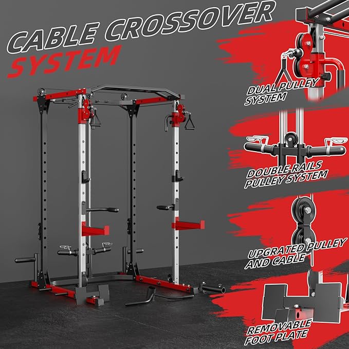 Smith Machine, Power Rack with LAT Pulldown System, Power Cage with Cable System, Squat Rack for Home Gym with Chest Press Machine, Spotter Arms, Leg Curl Attachment and More