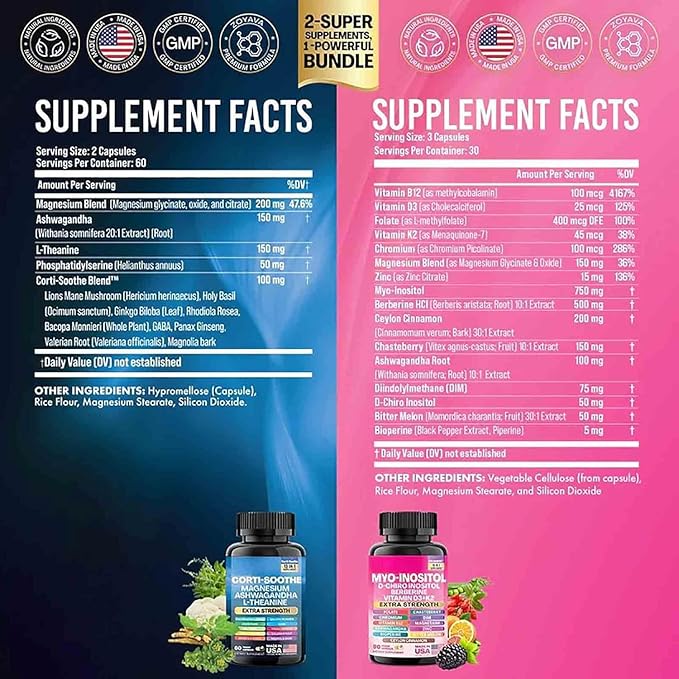 ALongDeng Soothe-Smooth Bundle,Soothe & Smooth Bundle Multivitamin Combo, Cortisol Support Myo-Inositol Multivitamin Combo with Magnesium Glycinate, Ashwagandha, L-Theanine & Herbal Blend - D