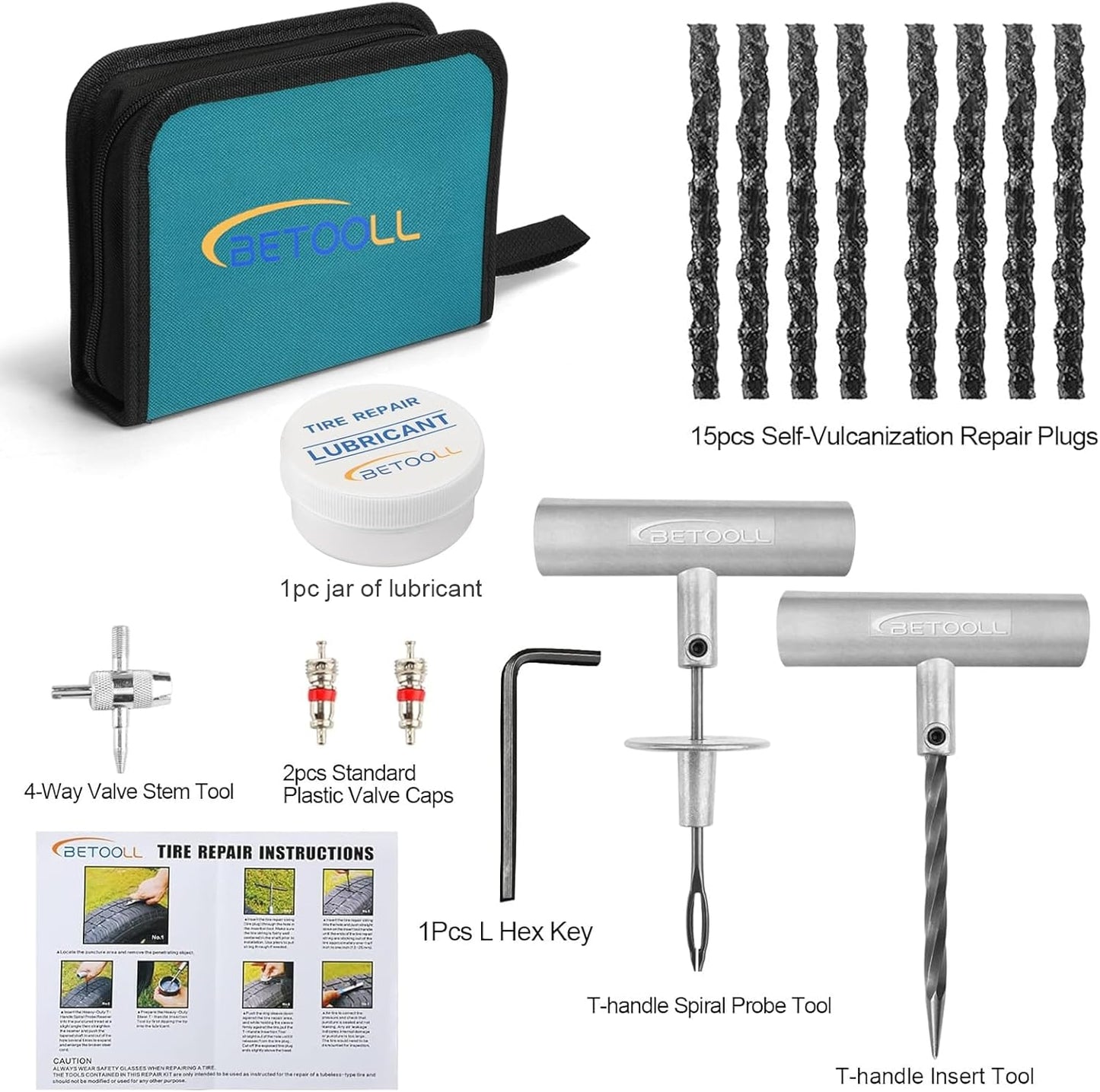 Tire Repair Kit, 24 Pcs Professional Heavy Duty Universal Emergency Flat Tire Repair Kit to Fix Punctures, for car Motorcycle, Truck, Golf Cart, ATV, Tractor, ARB, RV, SUV, Trailer etc.
