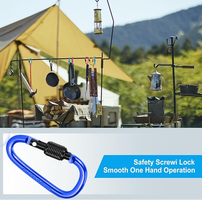 10 Pack Aluminum D Ring Key Rings Hiking Clips Locking Carabiner for Hiking Camping Fishing and Outdoor Use，Clips with Screw Gate Multicolored