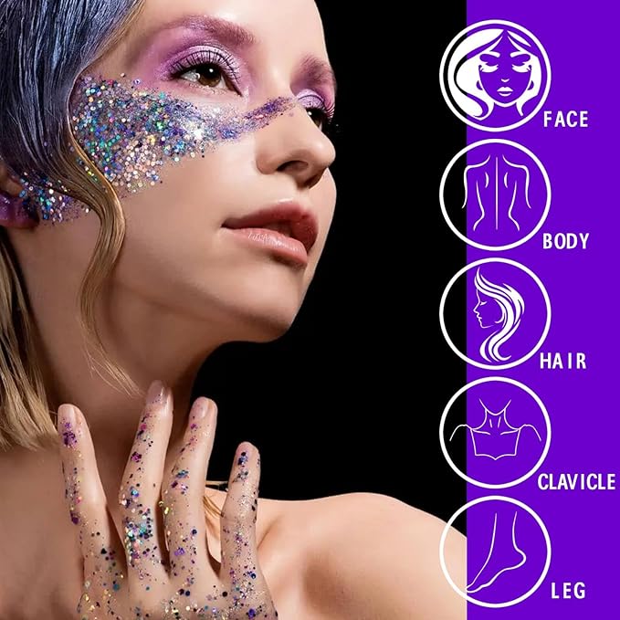 MEICOLY Clear White Face Body Glitter,Sparkling Chunky Hair Glitter,Mermaid Face Glitter,Intense Glitter Makeup,Body Glitter for Women and Girls