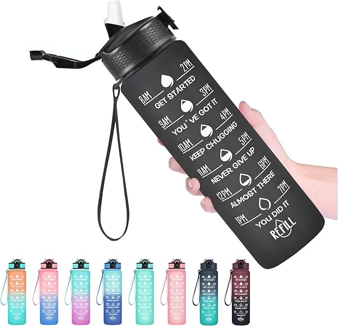 Hyeta 32 oz Water Bottles with Times to Drink and Straw, Motivational Water Bottle with Time Marker, Leakproof, Drinking Sports Water Bottle for Fitness, Gym and Outdoor