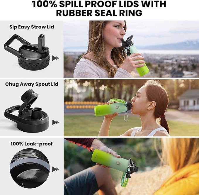 Insulated Water Bottle 20 oz, Triple Wall Vacuum Stainless Steel (Cold for 48 Hrs), Leak Proof & Non-BPA, Kids Water Bottle Jug for School with Straw Spout Lids, Ombre Green